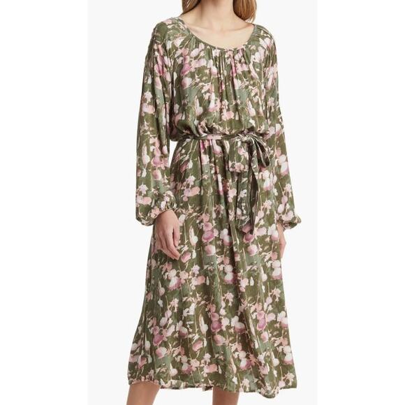 Caslon Long Sleeve Tie Waist Green Pink Abstract Midi Dress Size XXS - Picture 1 of 8